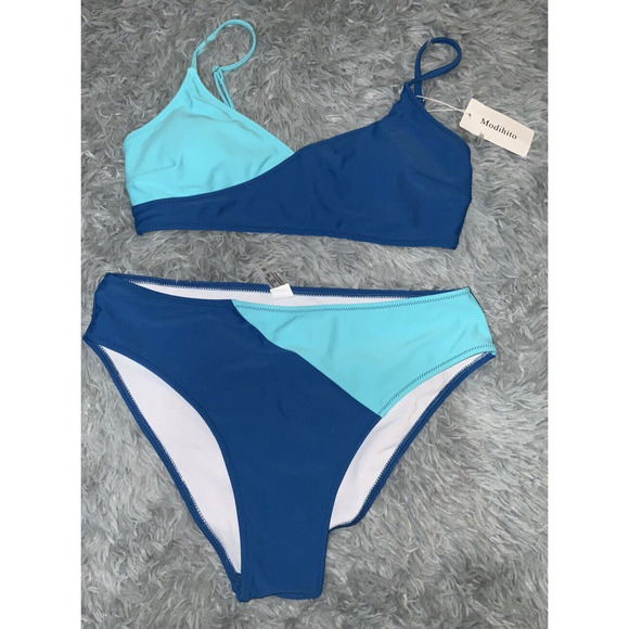 Modihito Womens 2 pc Blue Colorblock Bikini High Waist Swimsuit Swimwear Size L - Picture 2 of 3